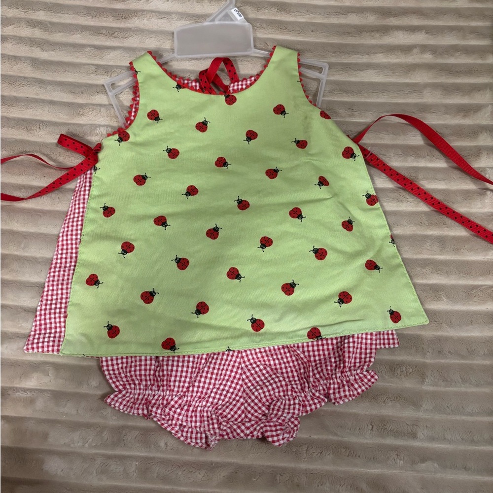 Vintage Peaches and Cream Green and Red Gingham Ladybug Baby Dress Set